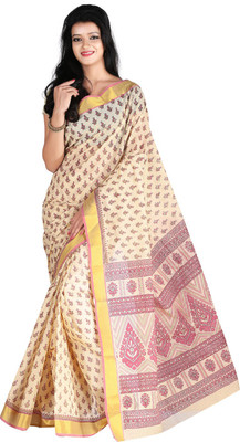 

Roopkala Silks Printed Fashion Cotton Saree(Gold), Cream