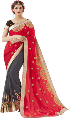 

Khushali Self Design, Embroidered Fashion Georgette Saree(Red, Grey, Brown), Brown;grey;red