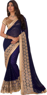 

Saara Embroidered Fashion Chiffon Saree(Dark Blue, Gold), Golden;navy blue