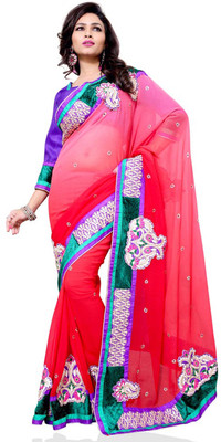 

Khushali Self Design, Embroidered Fashion Chiffon Saree(Red, Purple), Purple;red