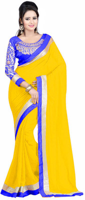 Jhalak Solid Bollywood Chiffon Saree(Yellow, Blue, Multicolor), Blue;multicolor;yellow