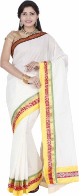 Creative weaves Solid/Plain Mundum Neriyathum Cotton Blend Saree(White)