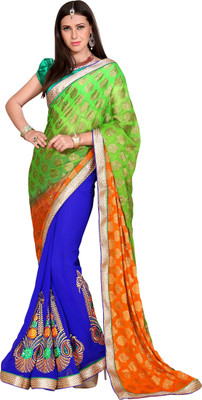 

Khushali Self Design, Embroidered Fashion Georgette Saree(Light Green, Orange, Blue), Blue;light green;orange