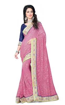 

Khoobee Self Design, Embroidered, Embellished Fashion Georgette Saree(Pink)