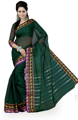 

Ishin Solid, Striped Fashion Cotton Saree(Green)