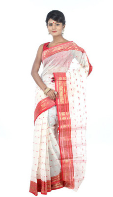 

AVIK Self Design Tant Handloom Cotton Saree(White, Red), Red;white