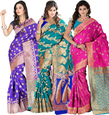 

It's Banii Woven Banarasi Handloom Banarasi Silk Saree(Pack of 3, Blue, Green, Pink), Blue;light green;pink