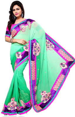 

Khoobee Self Design, Embroidered Fashion Chiffon Saree(Light Green, Pink)