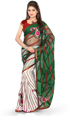 Sourbh Sarees Self Design Fashion Net, Synthetic Georgette Saree(Green, White)