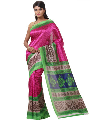 

JTInternational Printed Bhagalpuri Silk Saree(Pink, Green), Green;pink