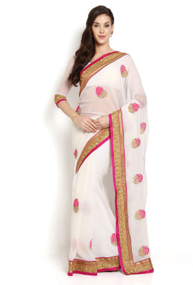 

Soch Self Design, Solid Fashion Chiffon Saree(White, Pink)