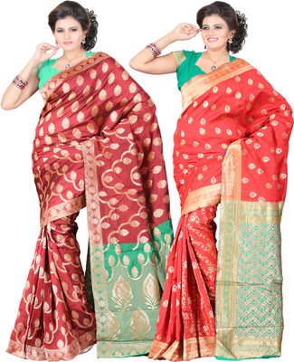 

It's Banii Woven Banarasi Handloom Banarasi Silk Saree(Pack of 2, Red, Red)