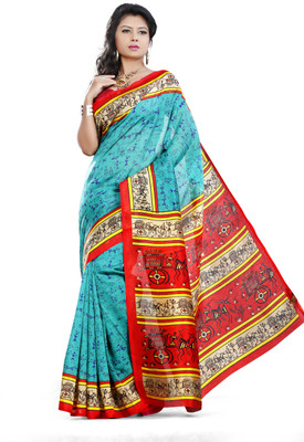 

JTInternational Printed Bhagalpuri Silk Saree(Green, Red)