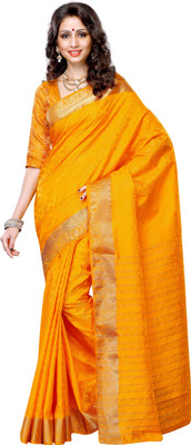 

Mimosa Printed Kanjivaram Tussar Silk Saree(Gold), Mango gold