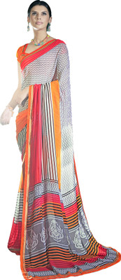 

Ewows Printed Fashion Georgette Saree(White, Grey), Grey;off white