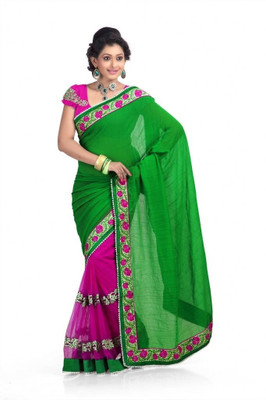

Chirag Sarees Solid Fashion Chiffon Saree(Green, Pink), Green;raani