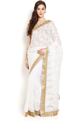 

Soch Self Design, Solid Fashion Chiffon Saree(White, Gold)