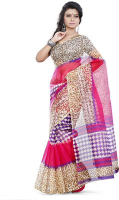 

JTInternational Printed Bhagalpuri Silk Saree(Pink, Beige), Beige;pink
