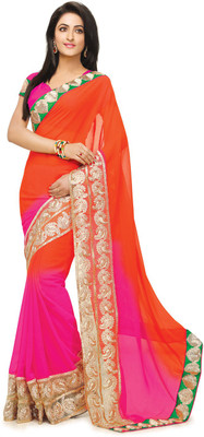 

Indianbeauty Self Design, Embroidered Bollywood Georgette Saree(Orange, Pink)