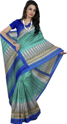 

Ishin Printed Fashion Art Silk Saree(Green), Green & blue