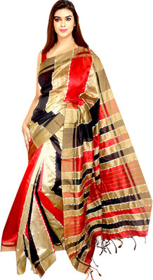 

Tyra Sarees Striped Tant Handloom Silk Cotton Blend Saree(Red, Black, Gold)