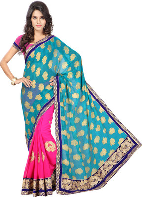 

Desi Butik Embroidered Fashion Jacquard, Chiffon Saree(Blue, Pink)