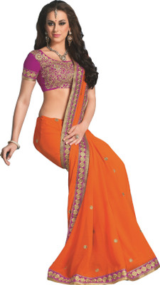 

Khushali Self Design, Embroidered, Embellished Fashion Chiffon Saree(Orange)