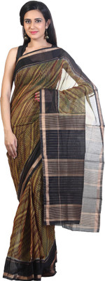 

Rani Saahiba Striped Ikkat Handloom Silk Saree(Dark Green)