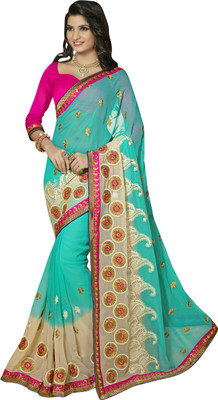 

Khoobee Embellished, Embroidered, Self Design Fashion Chiffon Saree(Light Blue, Green, Beige), Beige;light blue;turquoise
