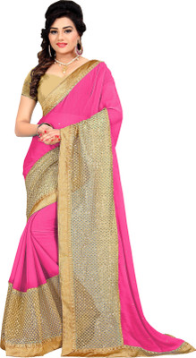 

Khoobee Self Design, Embroidered, Embellished Fashion Chiffon, Net Saree(Beige, Pink)