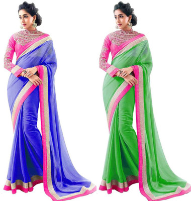 

Stylezone Embroidered Fashion Chiffon Saree(Pack of 2, Blue, Green)