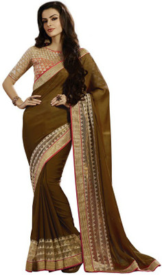 Kintu Designs Pvt. Ltd. Solid Fashion Chiffon Saree(Brown)