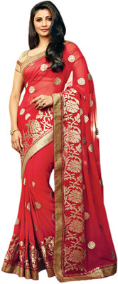 

Vishal Self Design, Solid Fashion Georgette Saree(Red, Gold)