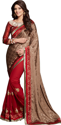 

Jiya Self Design, Embroidered Fashion Georgette, Jacquard Saree(Brown, Red