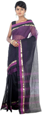 

AVIK Self Design Tant Handloom Cotton Saree(Black, Purple, Gold), Black;gold;purple