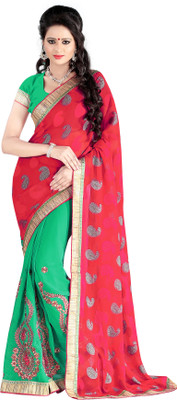 

Parisha Embroidered Daily Wear Georgette, Jacquard Saree(Green, Red), Light green & red