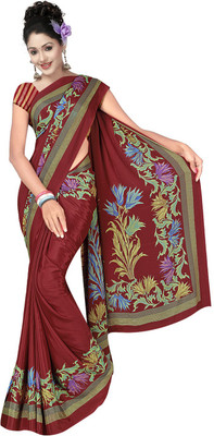 Desi Butik Printed Daily Wear Crepe Saree(Red), Maroon