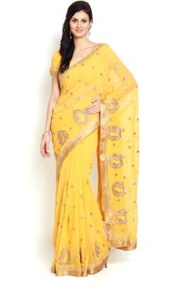 

Soch Self Design, Solid Fashion Chiffon Saree(Yellow, Gold)