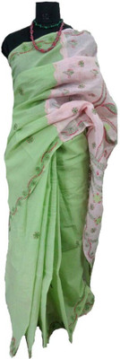 

Dream's Designer Embroidered Lucknow Chikankari Handloom Cotton Saree(Light Green, Pink), Emrald green;pink