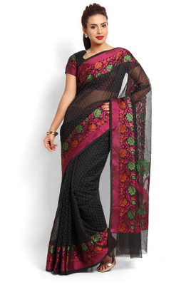 

Soch Floral Print Fashion Cotton Saree(Black)