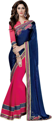 

Khoobee Self Design, Embroidered, Embellished Fashion Georgette, Satin, Chiffon Saree(Dark Blue, Pink)