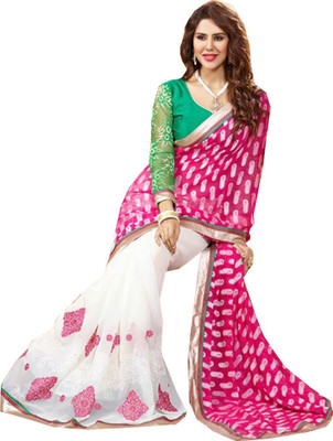 

Parisha Embroidered Fashion Georgette, Jacquard Saree(Pink, White)