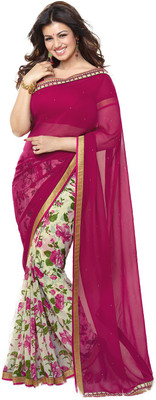 

Brijraj Printed Fashion Georgette Saree(White, Pink), Pink;white