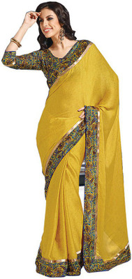 

Indian Wear Online Printed Fashion Pure Chiffon Saree(Yellow)