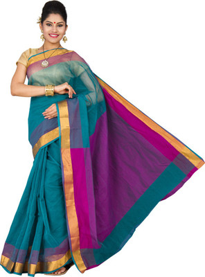 

Pavechas Solid Banarasi Silk Cotton Blend Saree(Multicolor), Blue;pink