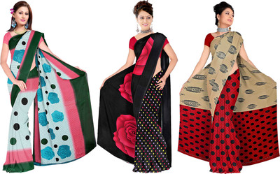 

Lovely Look Printed Daily Wear Georgette Saree(Pack of 3, Blue, Black, Red), Sky blue & black & red