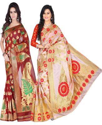 

Weavedeal Embellished Kanjivaram Silk Cotton Blend Saree(Pack of 2, Multicolor)