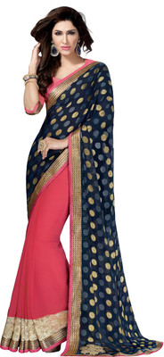 

Khoobee Self Design, Embroidered Fashion Georgette, Jacquard Saree(Dark Blue, Pink)