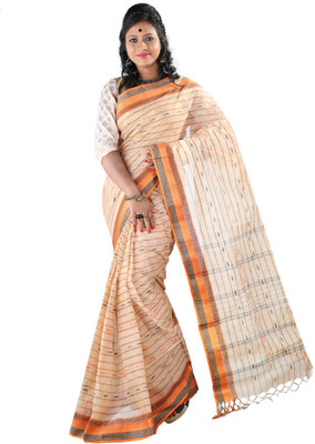 

Hawai Striped Tant Handloom Cotton Saree(Beige, Orange)