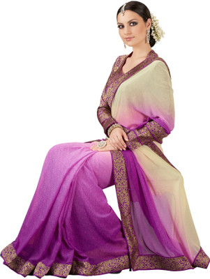 Khoobee Self Design, Printed Fashion Georgette Saree(Beige, Purple)